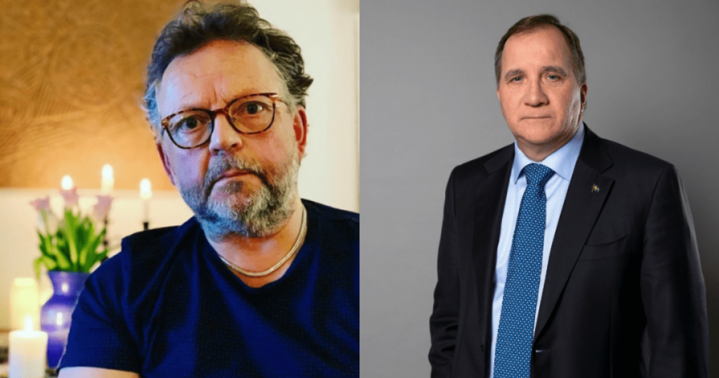 Splitbild av en skäggig man och Stefan Löfven i kostym och slips