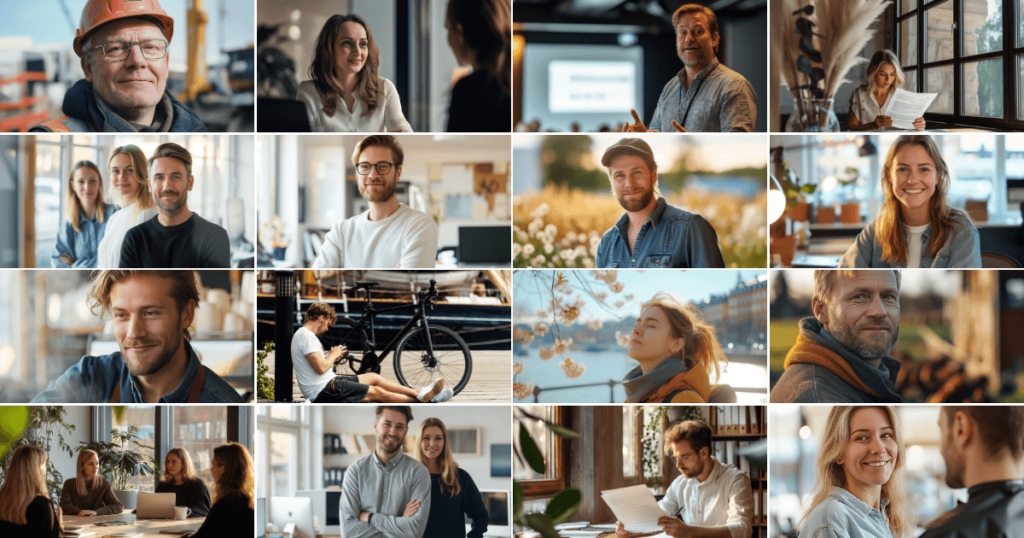 Ett kollage av olika människor i olika miljöer, inomhus och utomhus