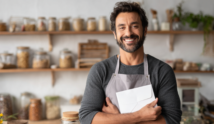 Leende man i förkläde som håller i ett vitt kuvert